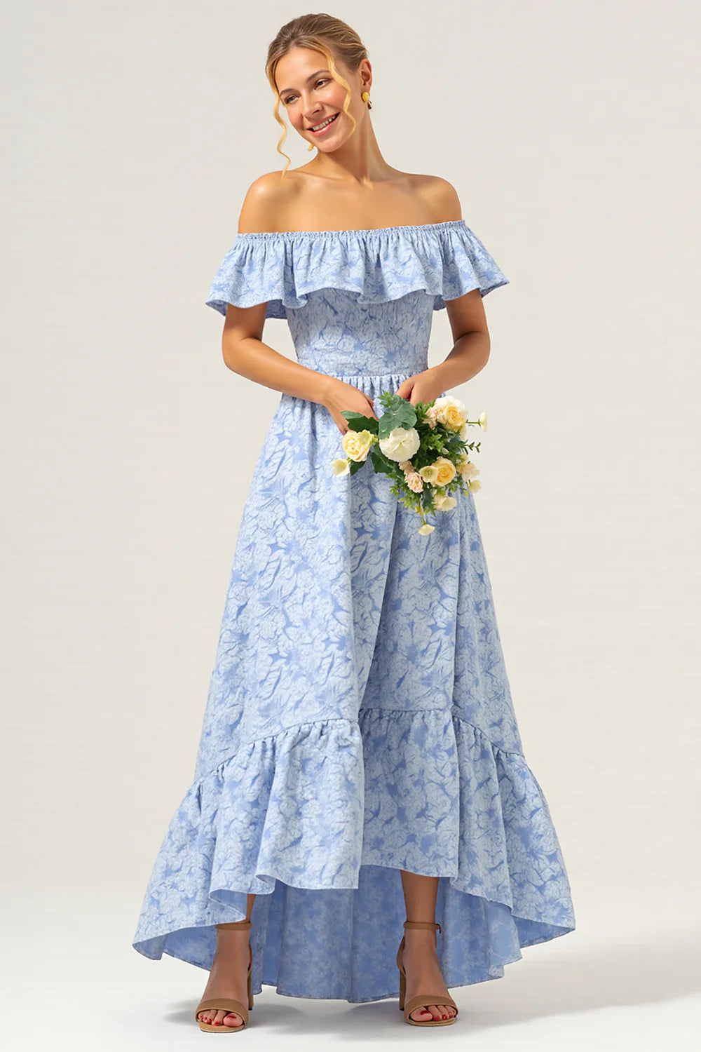 Blue Off the Shoulder A Line Floral High-Low Bridesmaid Dress with Ruffles