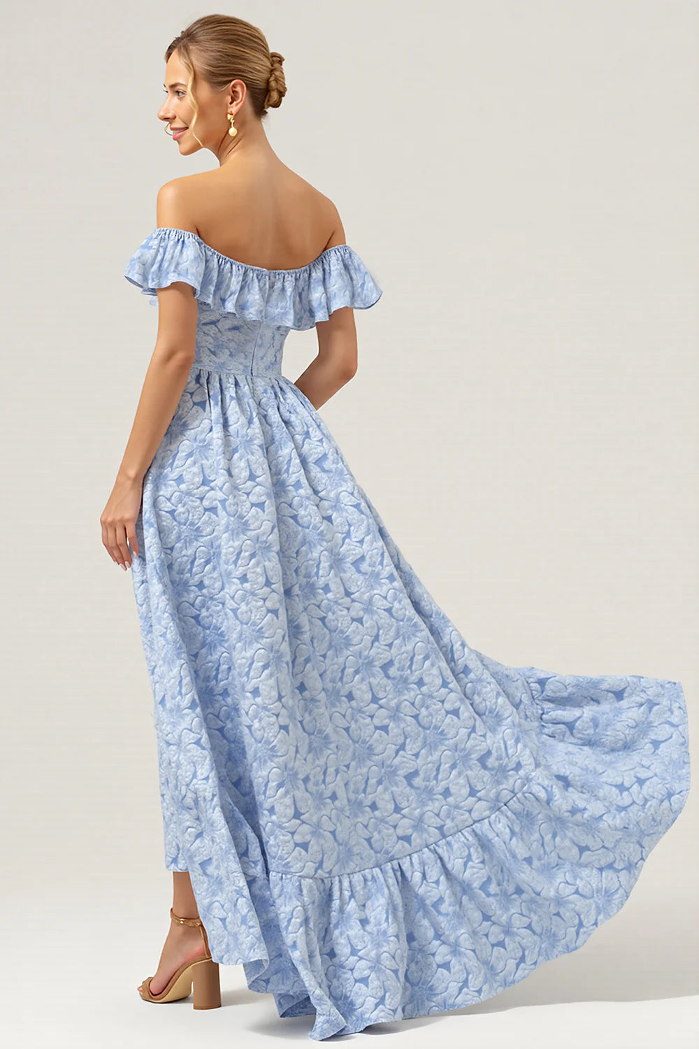 Blue Off the Shoulder A Line Floral High-Low Bridesmaid Dress with Ruffles