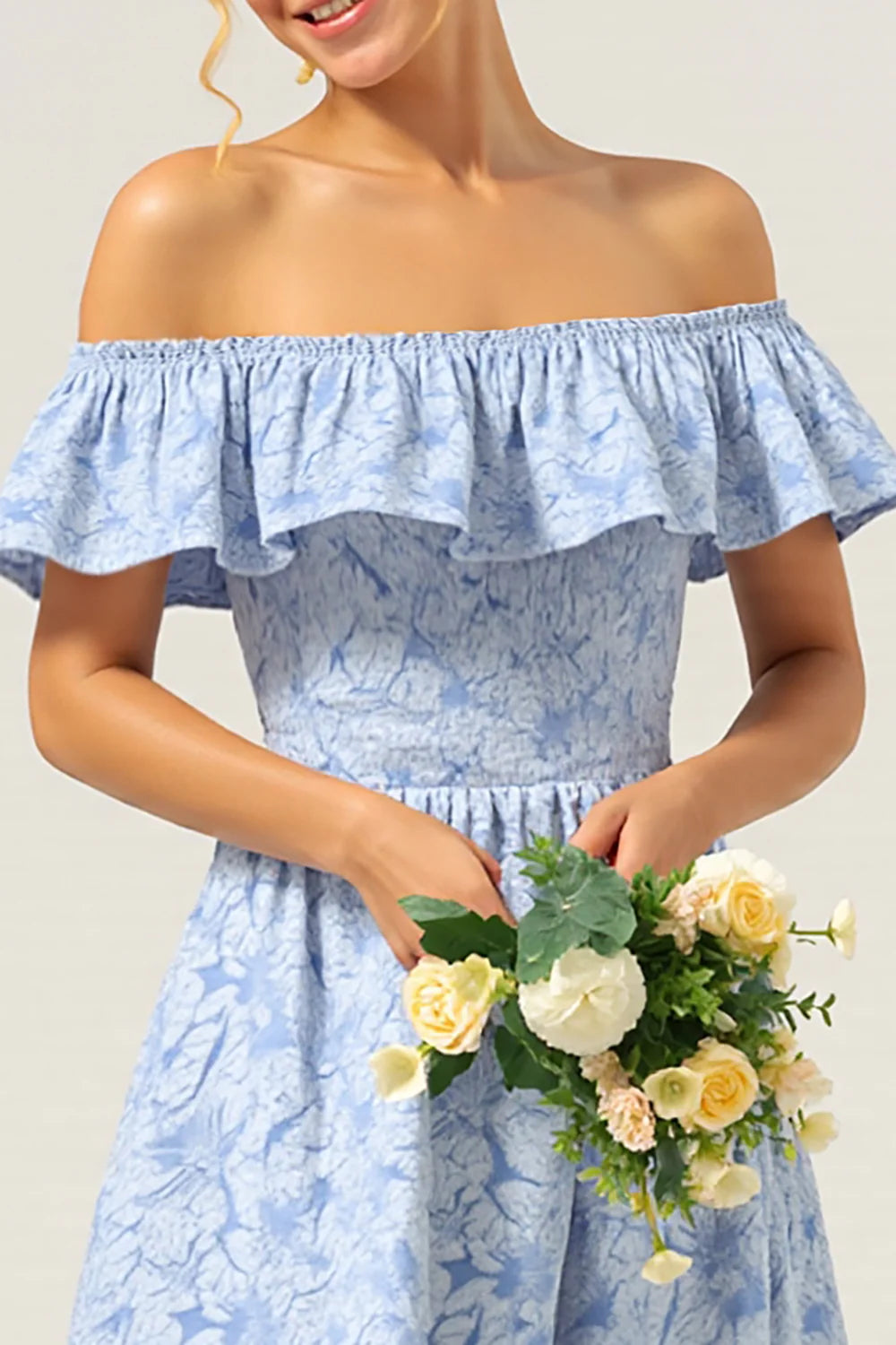 Blue Off the Shoulder A Line Floral High-Low Bridesmaid Dress with Ruffles