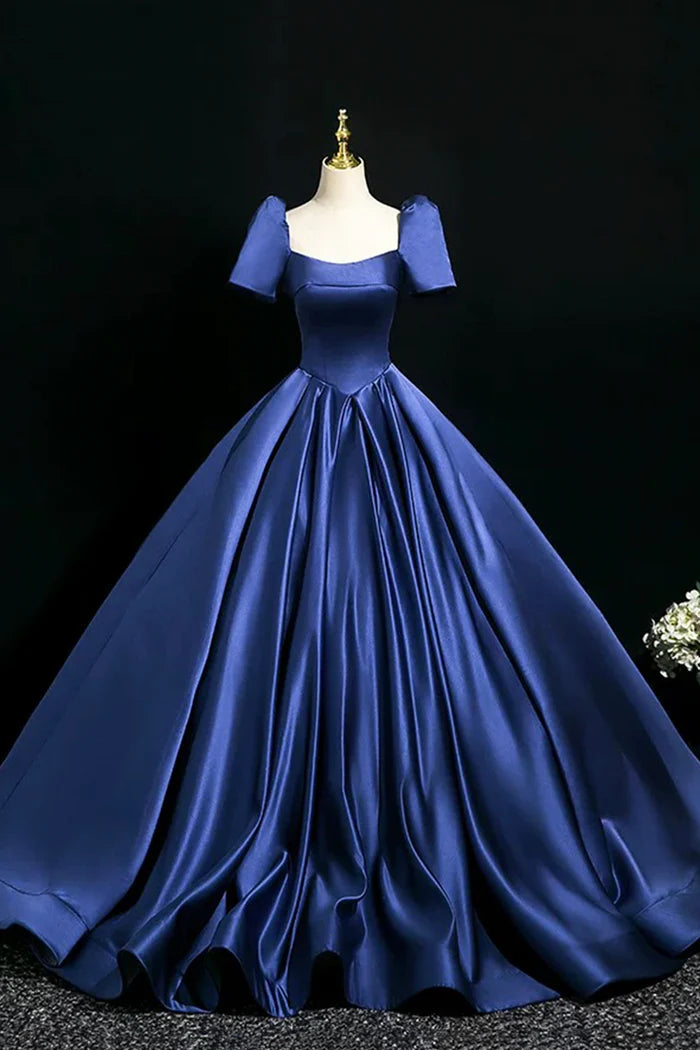 Blue Satin Floor Length Formal Dress, Elegant Off the Shoulder Evening Party Dress