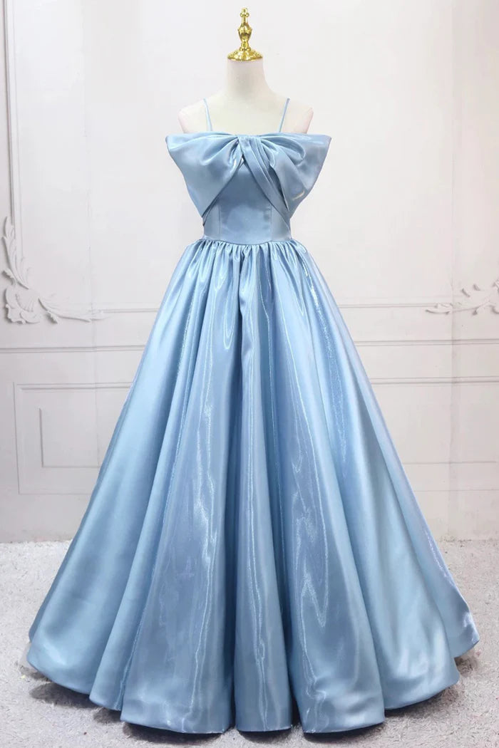 Blue Satin Long A-Line Prom Dress, Blue Spaghetti Strap Evening Party Dress