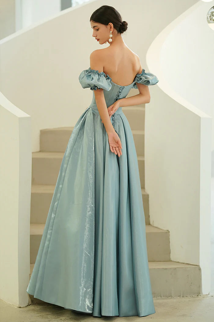 Blue Satin Long A-Line Prom Dress, Off the Shoulder Evening Party Dress