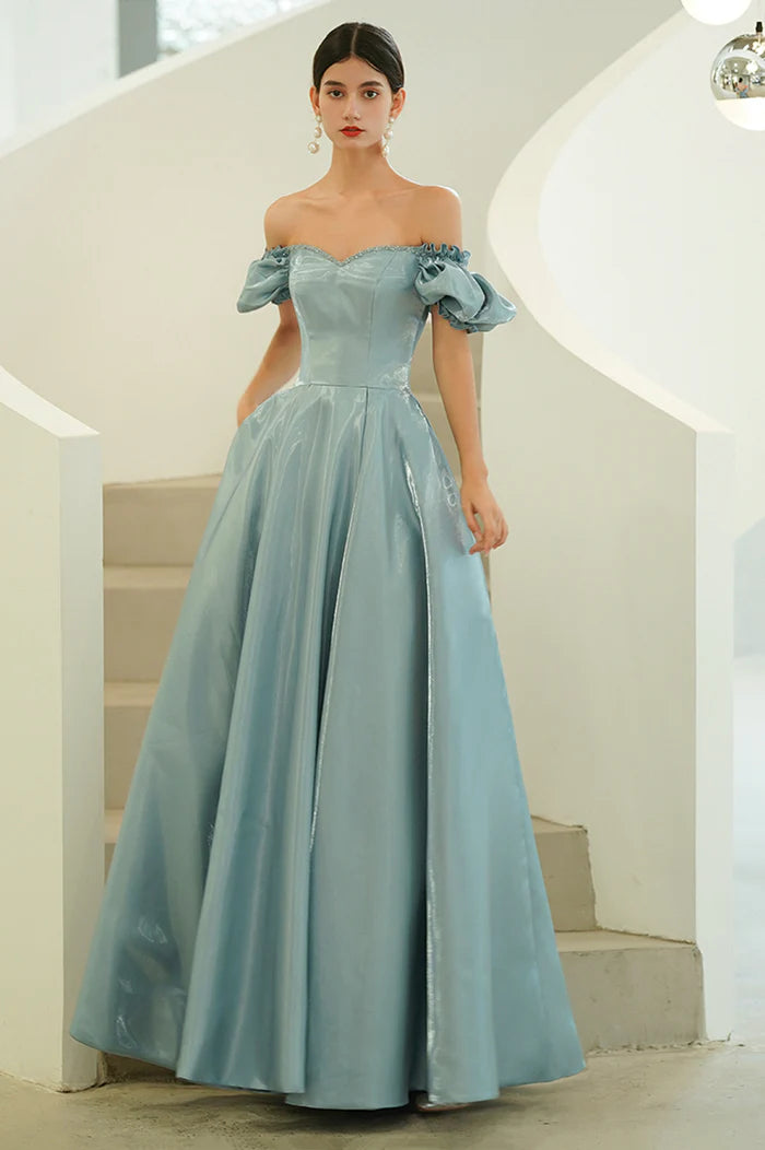 Blue Satin Long A-Line Prom Dress, Off the Shoulder Evening Party Dress