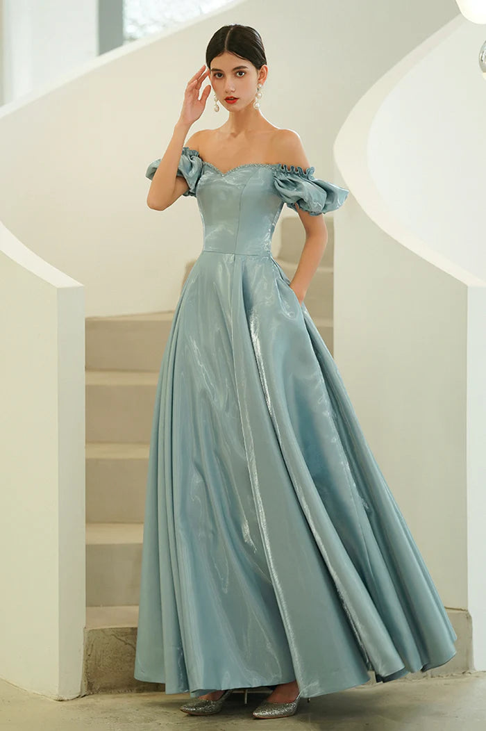 Blue Satin Long A-Line Prom Dress, Off the Shoulder Evening Party Dress