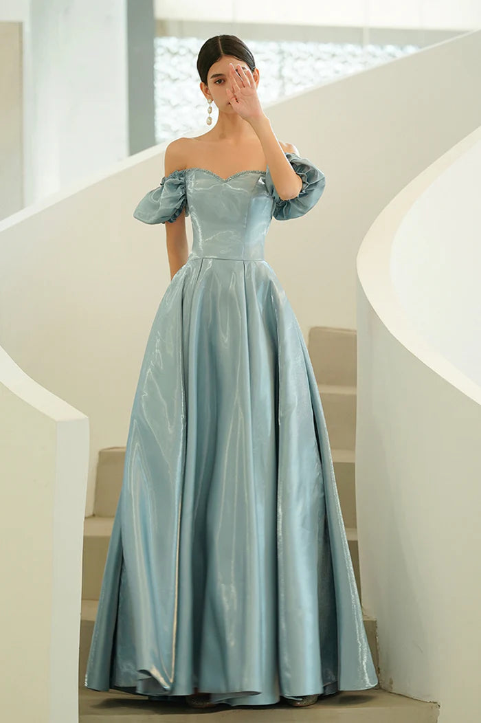 Blue Satin Long A-Line Prom Dress, Off the Shoulder Evening Party Dress