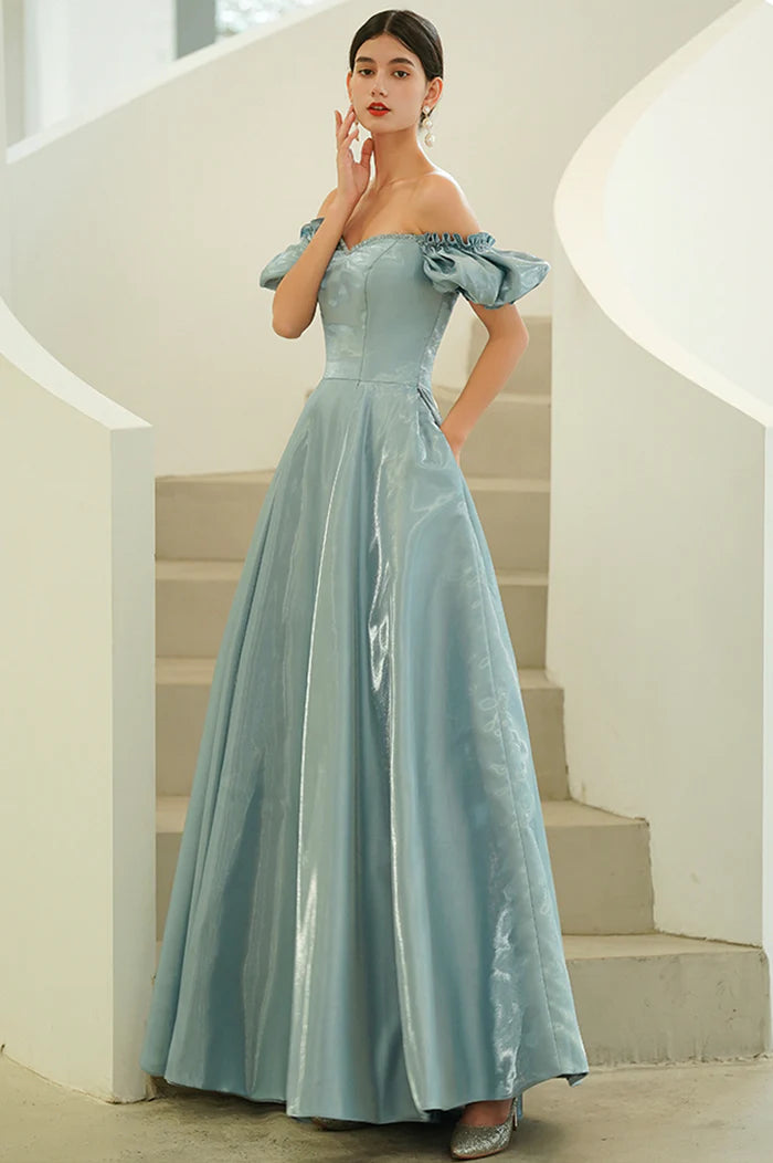 Blue Satin Long A-Line Prom Dress, Off the Shoulder Evening Party Dress
