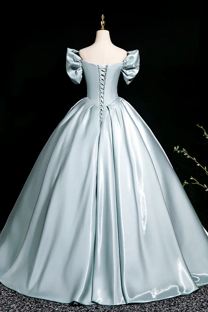 Blue Satin Long Prom Dress, A-Line Off the Shoulder Evening Party Dress