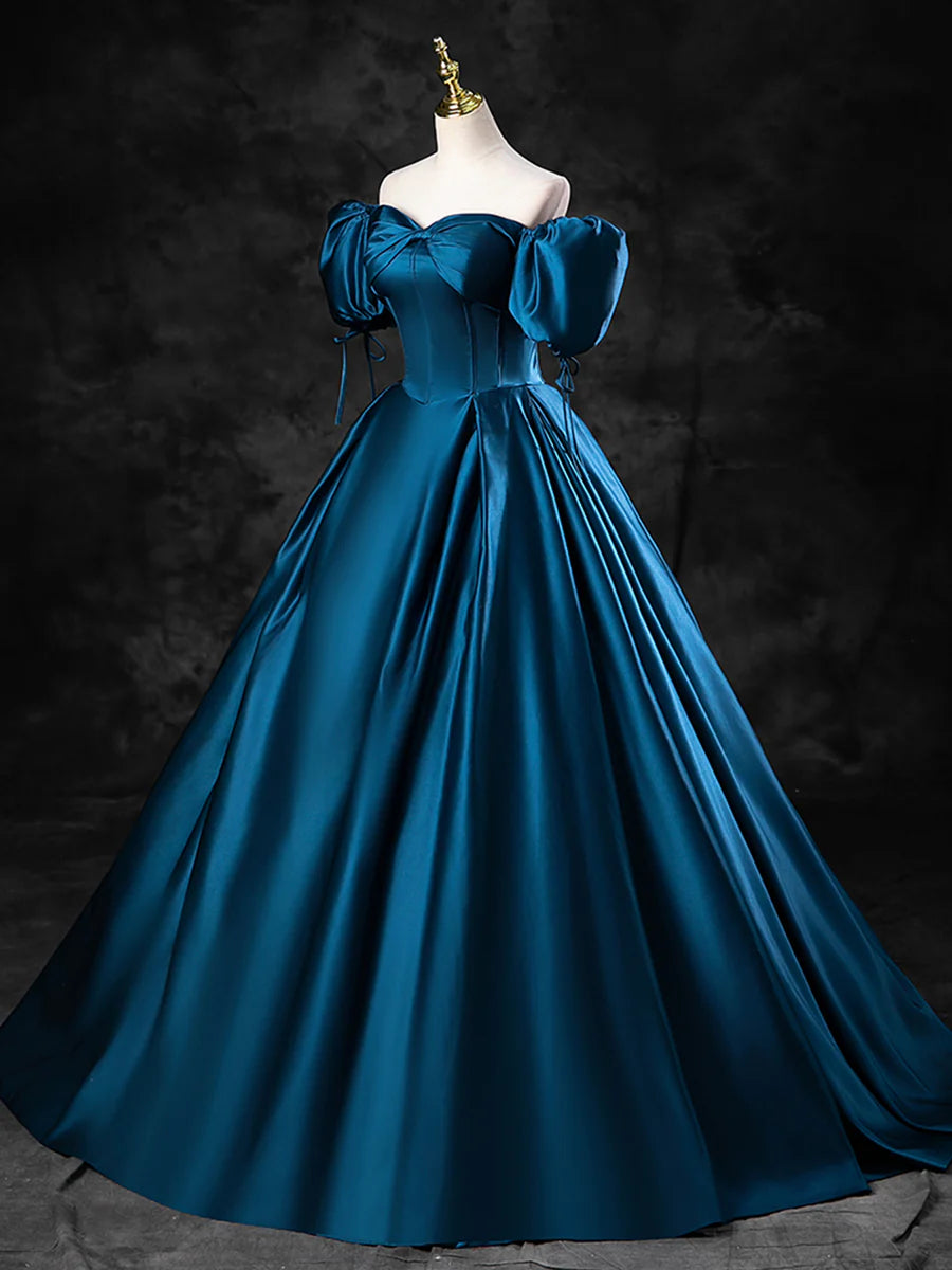 Blue Satin Off the Shoulder Floor Length Prom Dress, Blue A-Line Party Dress