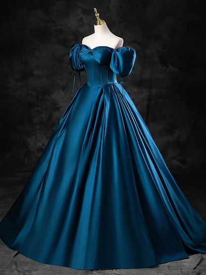 Blue Satin Off the Shoulder Floor Length Prom Dress, Blue A-Line Party Dress