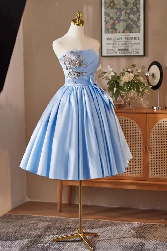 Blue Satin Sequins Short Prom Dress, A-Line Strapless Party Dress with Corset