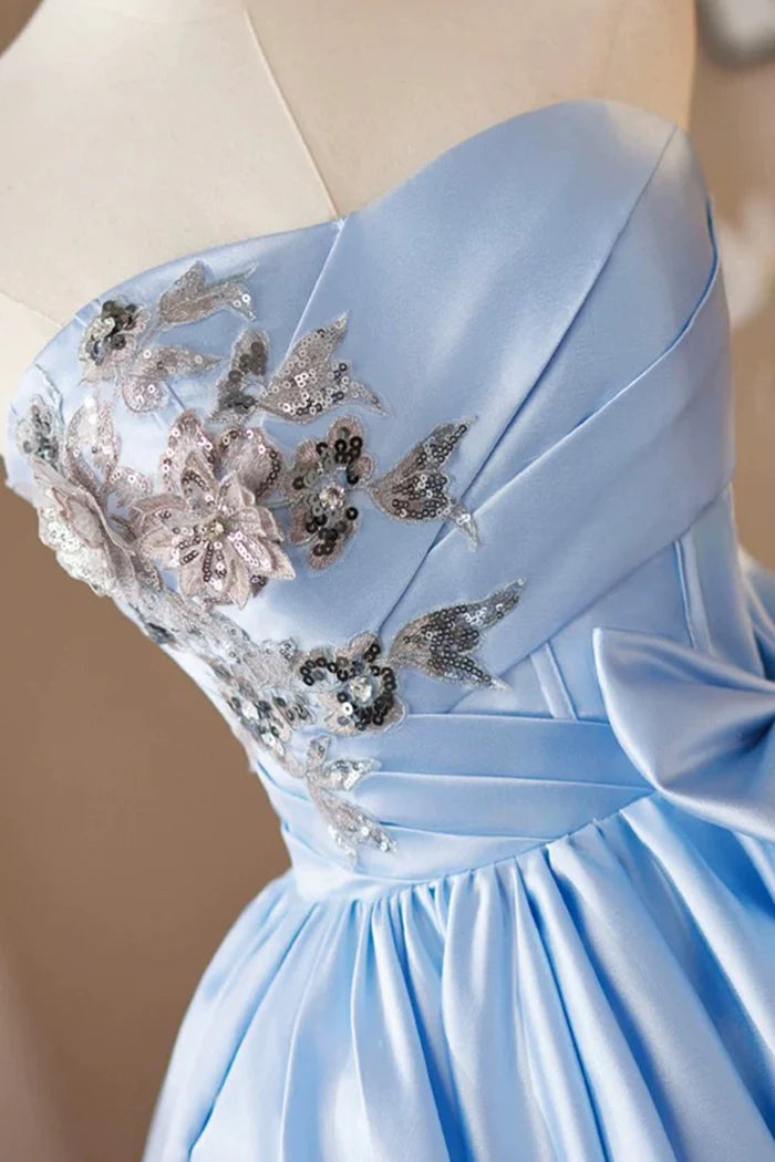 Blue Satin Sequins Short Prom Dress, A-Line Strapless Party Dress with Corset