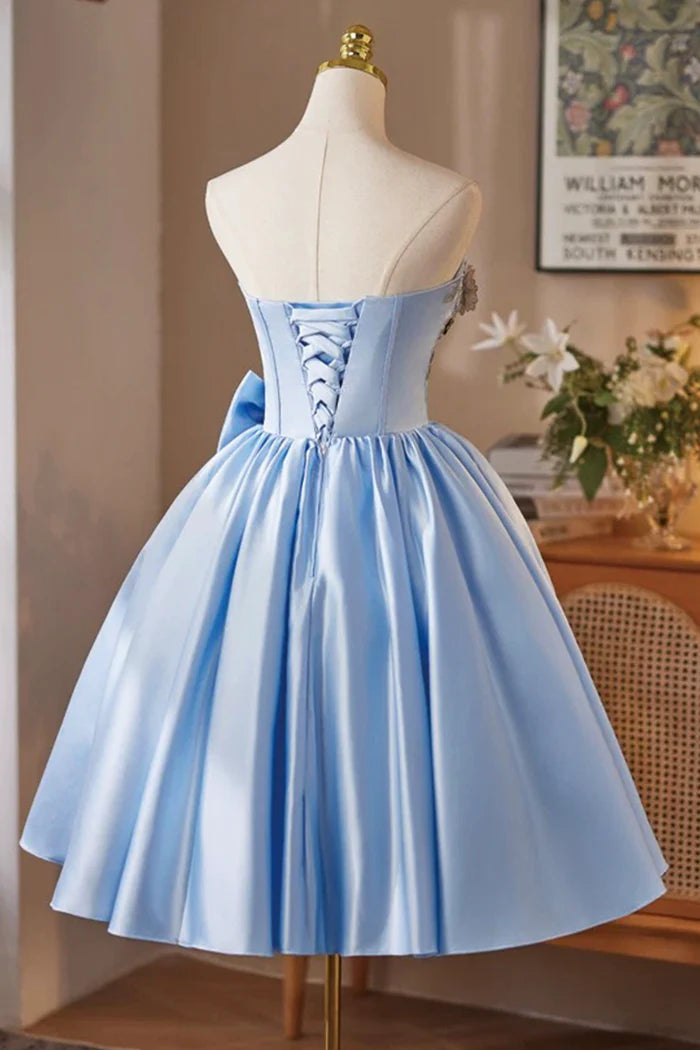 Blue Satin Sequins Short Prom Dress, A-Line Strapless Party Dress with Corset