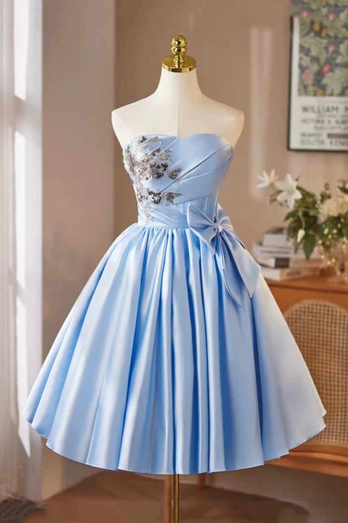 Blue Satin Sequins Short Prom Dress, A-Line Strapless Party Dress with Corset