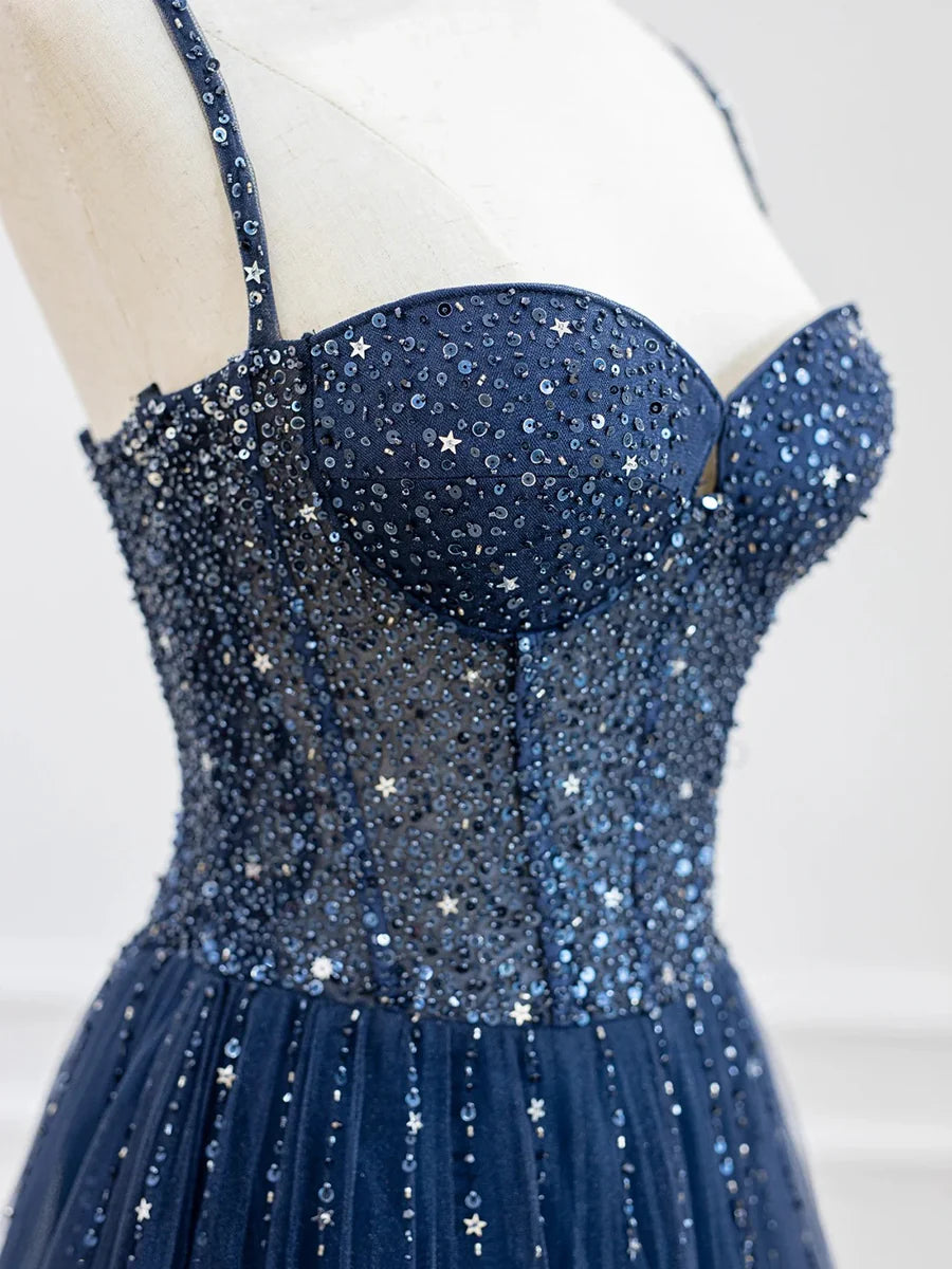 Blue Spaghetti Strap Tulle Sequins Long Prom Dress, Beautiful A-Line Evening Party Dress