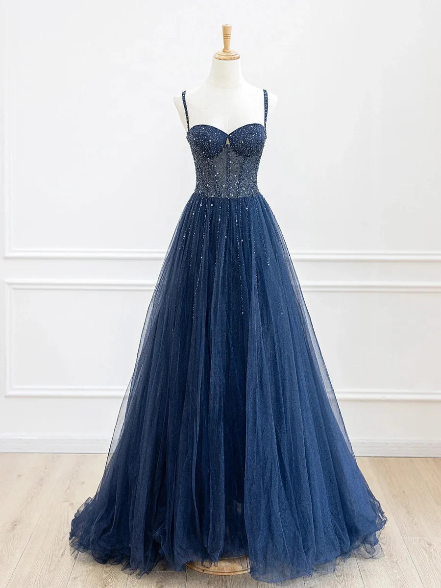 Blue Spaghetti Strap Tulle Sequins Long Prom Dress, Beautiful A-Line Evening Party Dress