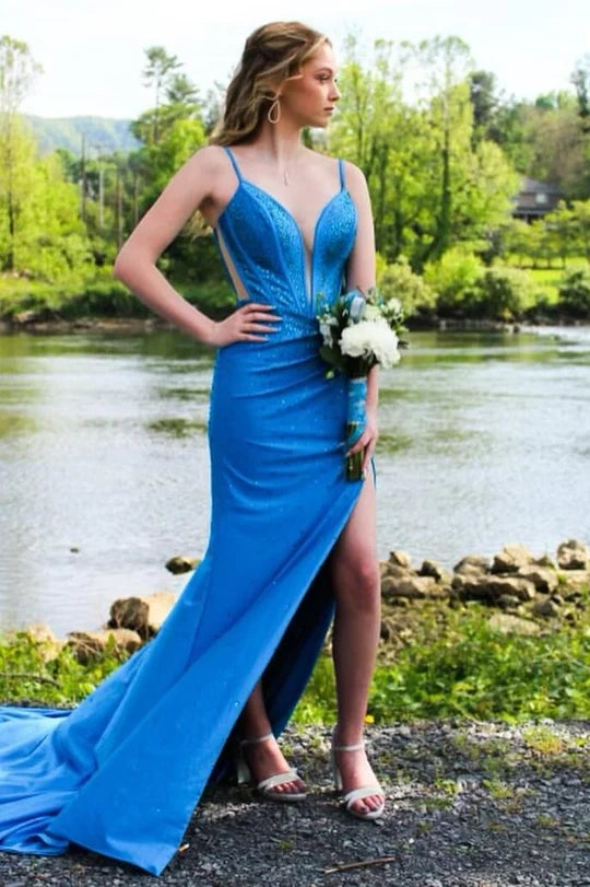 Blue Spaghetti Straps V-Neck Rhinestones Mermaid Long Prom Dress
