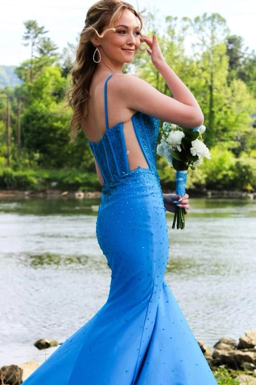 Blue Spaghetti Straps V-Neck Rhinestones Mermaid Long Prom Dress