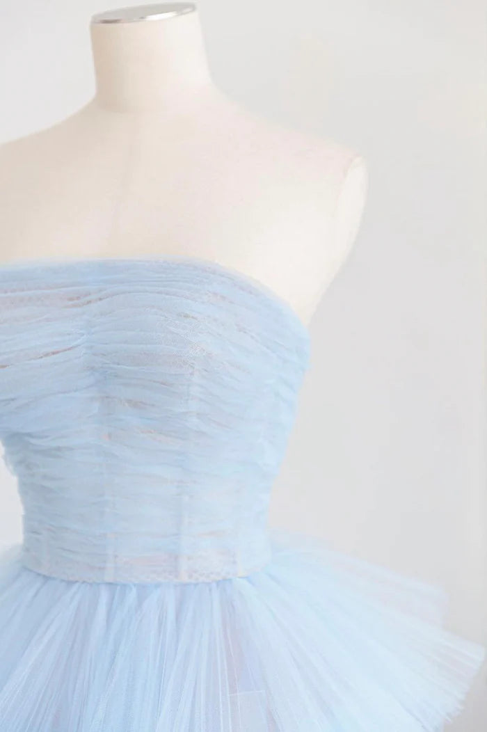 Blue Strapless Tulle Layers Long Prom Dress, Beautiful A-Line Evening Dress