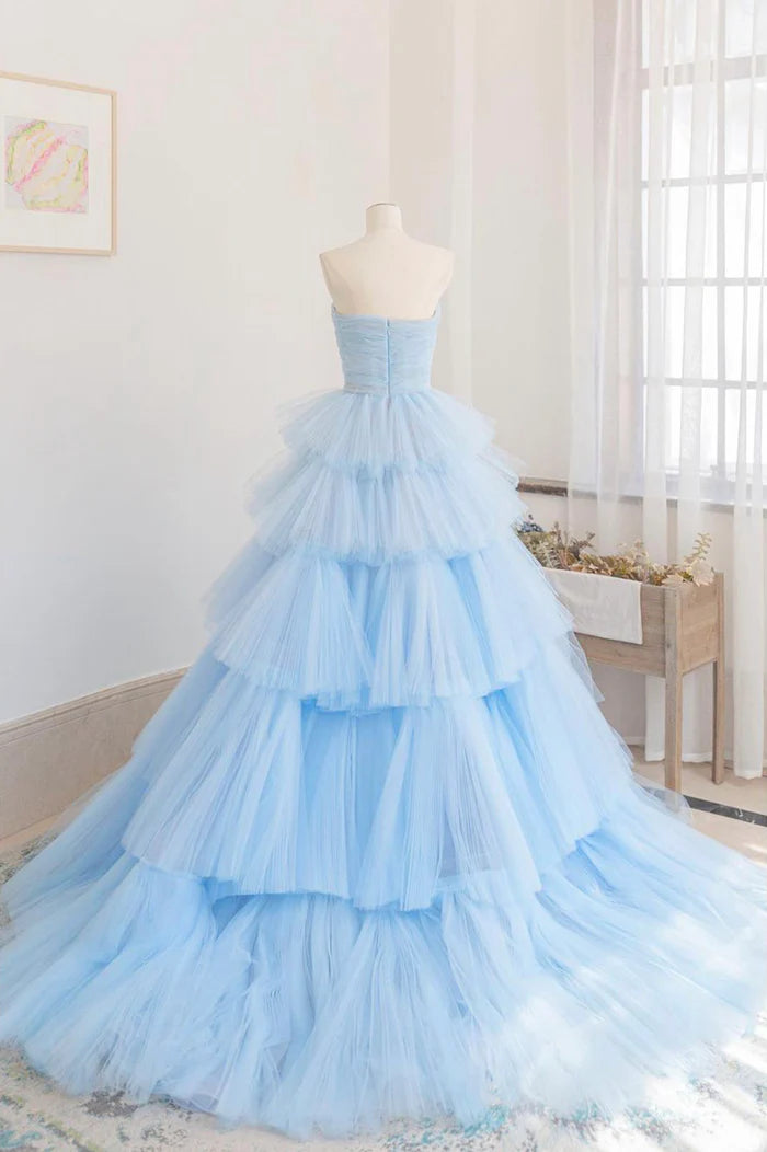 Blue Strapless Tulle Layers Long Prom Dress, Beautiful A-Line Evening Dress