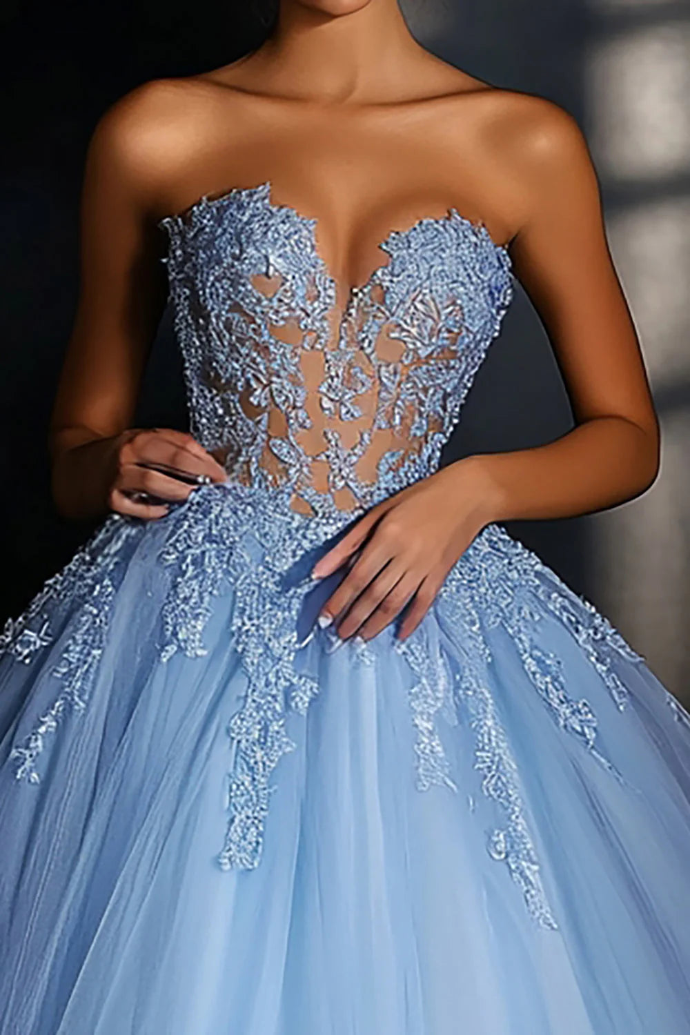 Blue Sweetheart Ball Gown Long Tulle Prom Dress with Lace