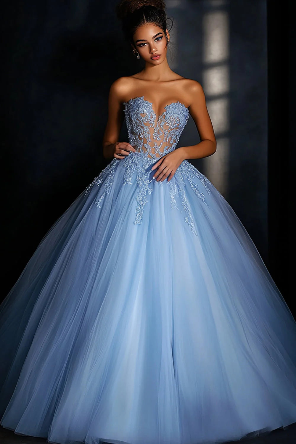 Blue Sweetheart Ball Gown Long Tulle Prom Dress with Lace