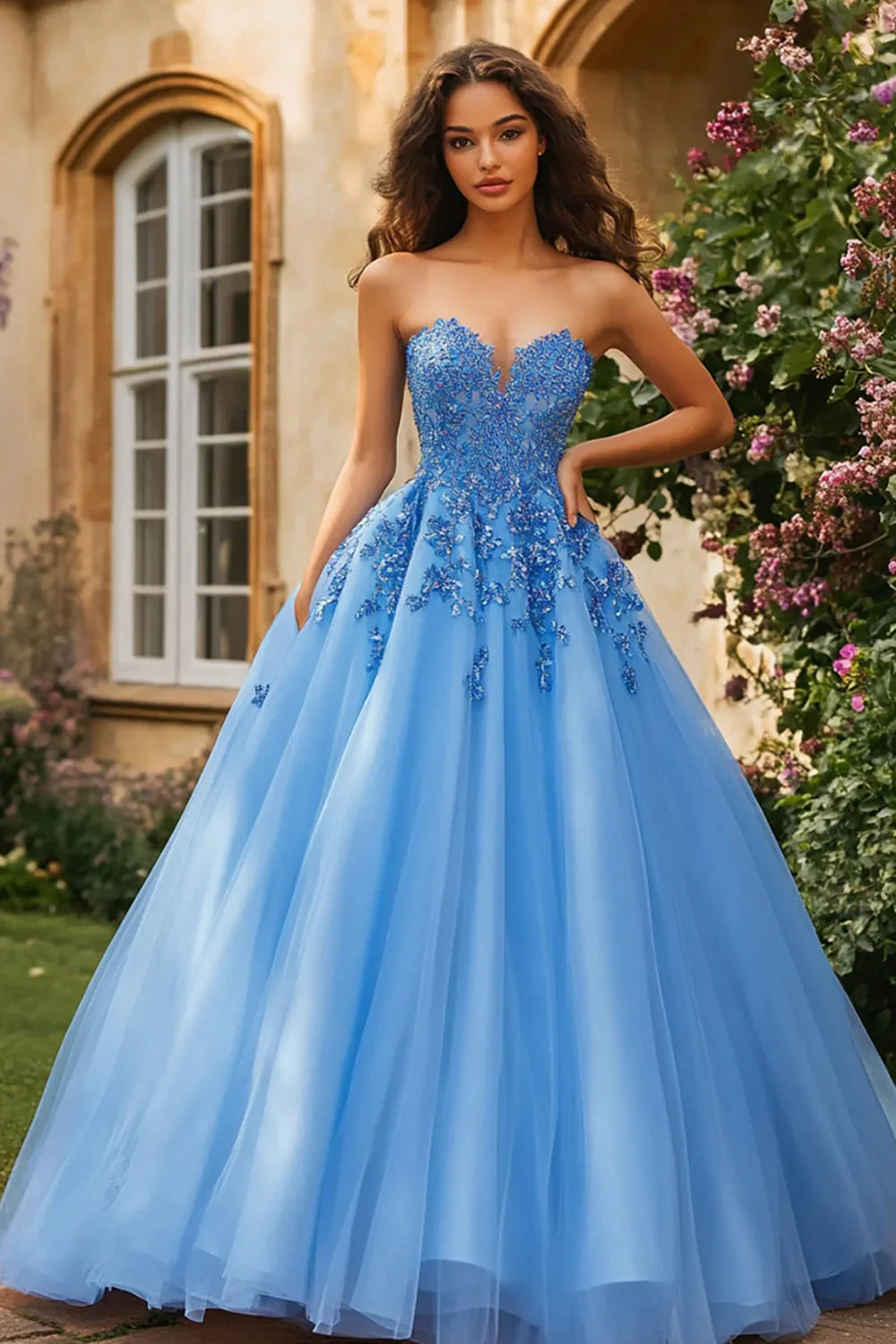 Blue Sweetheart Tulle Ball Gown Long Appliques Prom Dress