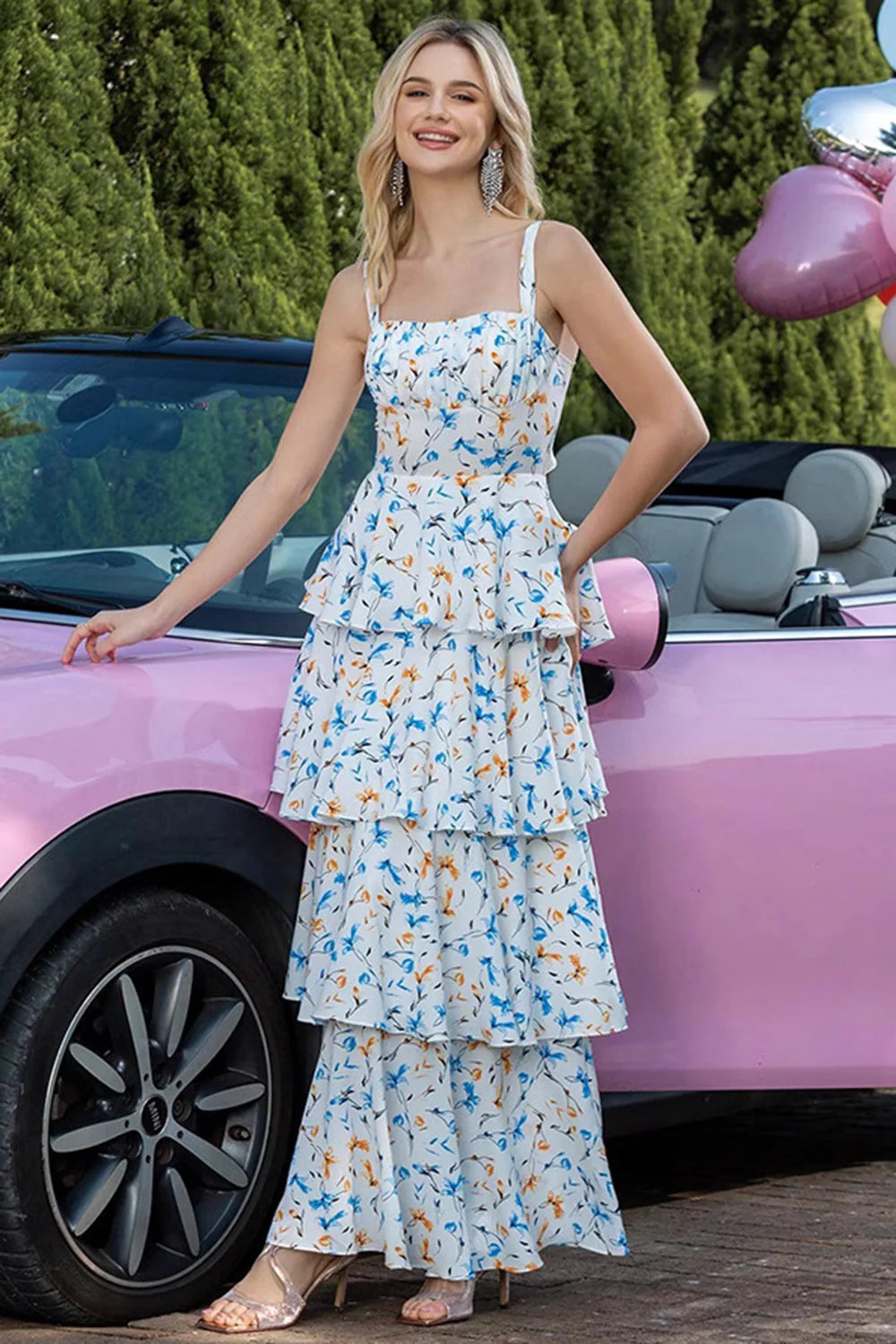 Blue Tiered Print Ruffled Long Prom Dress with Bows