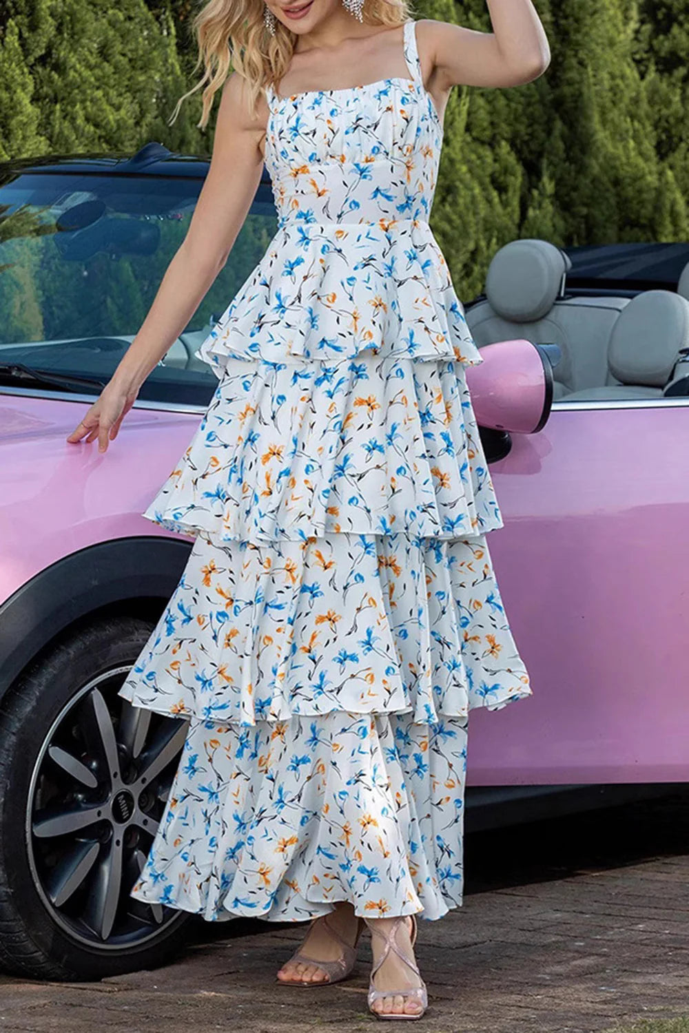 Blue Tiered Print Ruffled Long Prom Dress with Bows