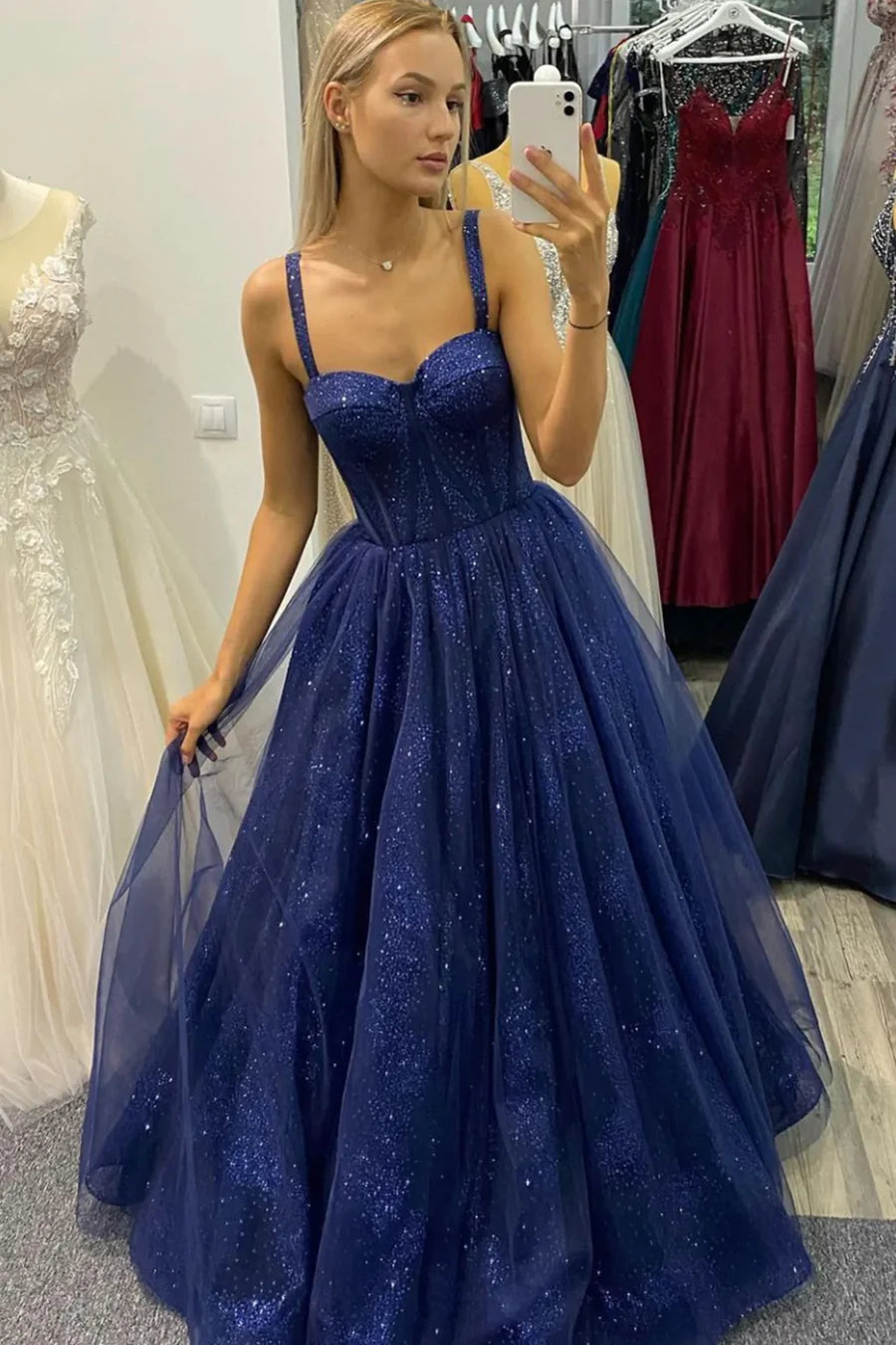 Blue Tulle Floor Length Prom Dress, A-Line Blue Evening Party Dress