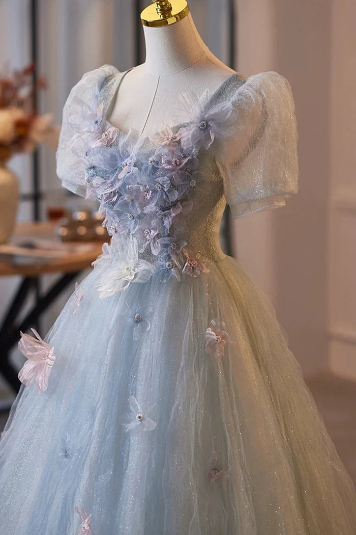 Blue Tulle Flower Long Prom Party Dress, Lovely A-Line Short Sleeve Party Dress