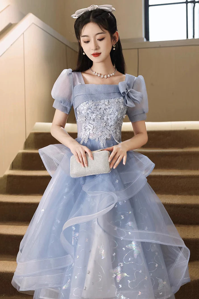 Blue Tulle Lace Knee Length Prom Dress, Cute Short Sleeve Evening Party Dress