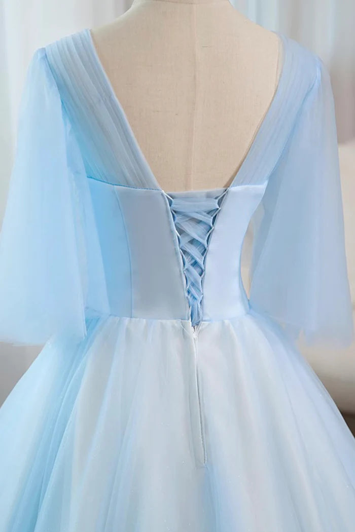 Blue Tulle Lace Long Prom Dress, Beautiful A-Line Evening Party Dress