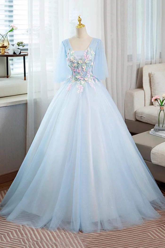 Blue Tulle Lace Long Prom Dress, Beautiful A-Line Evening Party Dress