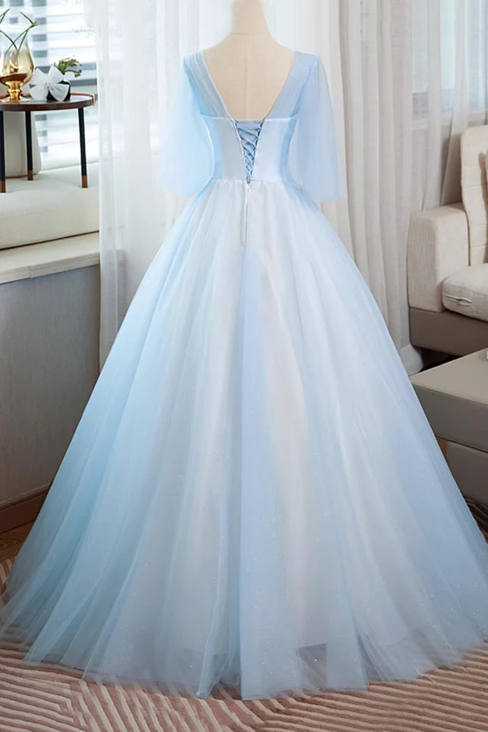 Blue Tulle Lace Long Prom Dress, Beautiful A-Line Evening Party Dress
