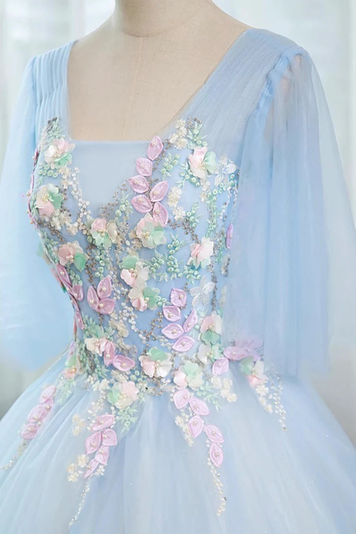 Blue Tulle Lace Long Prom Dress, Beautiful A-Line Evening Party Dress