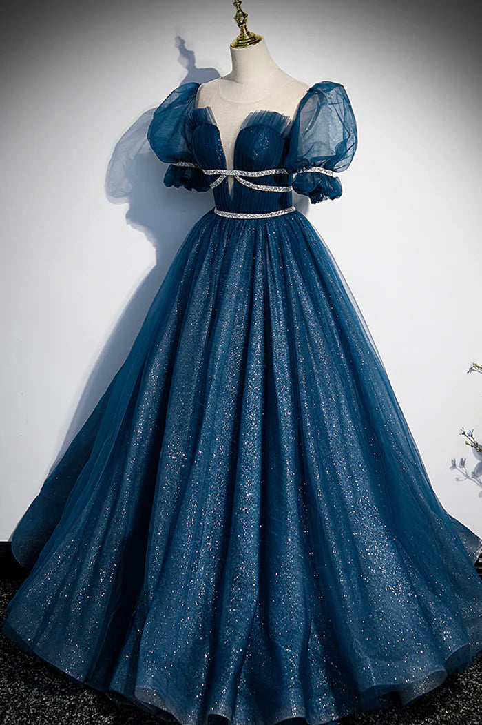 Blue Tulle Long A-Line Prom Dress, A-Line Short Sleeve Evening Dress