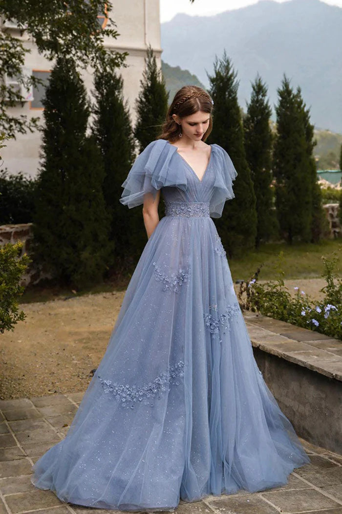 Blue Tulle Long A-Line Prom Dress, Cute V-Neck Evening Party Dress