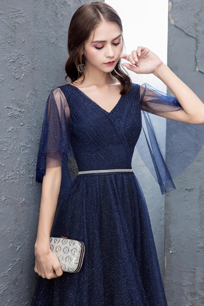 Blue Tulle Long A-Line Prom Dress, Cute V-Neck Graduation Dress