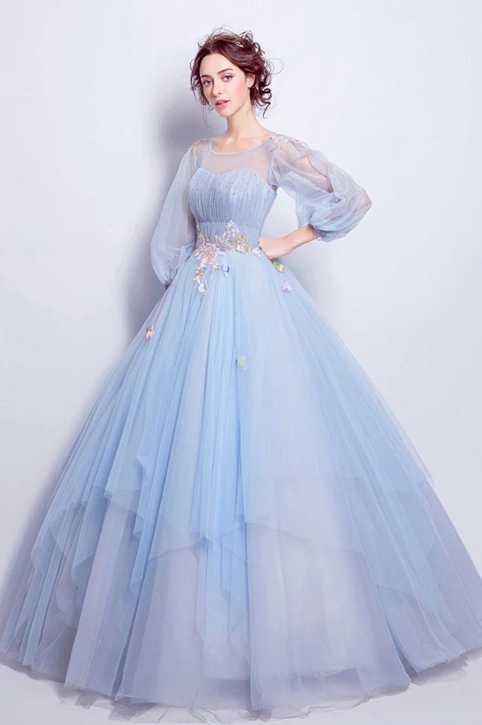 Blue Tulle Long A-Line Prom Dress, Long Sleeve Lace Formal Gown