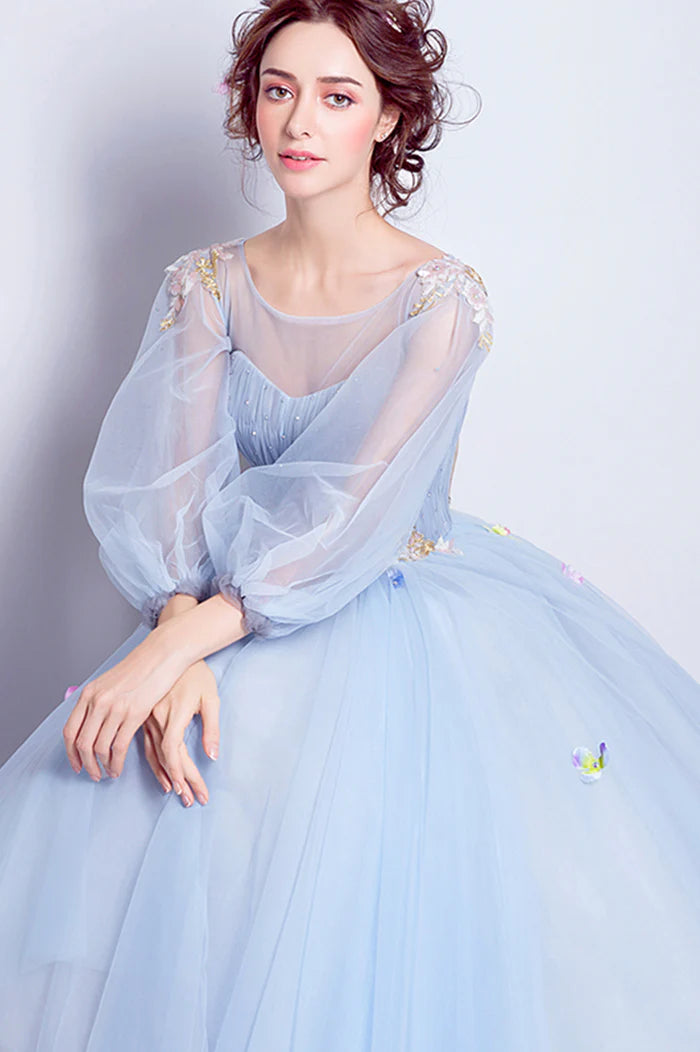 Blue Tulle Long A-Line Prom Dress, Long Sleeve Lace Formal Gown