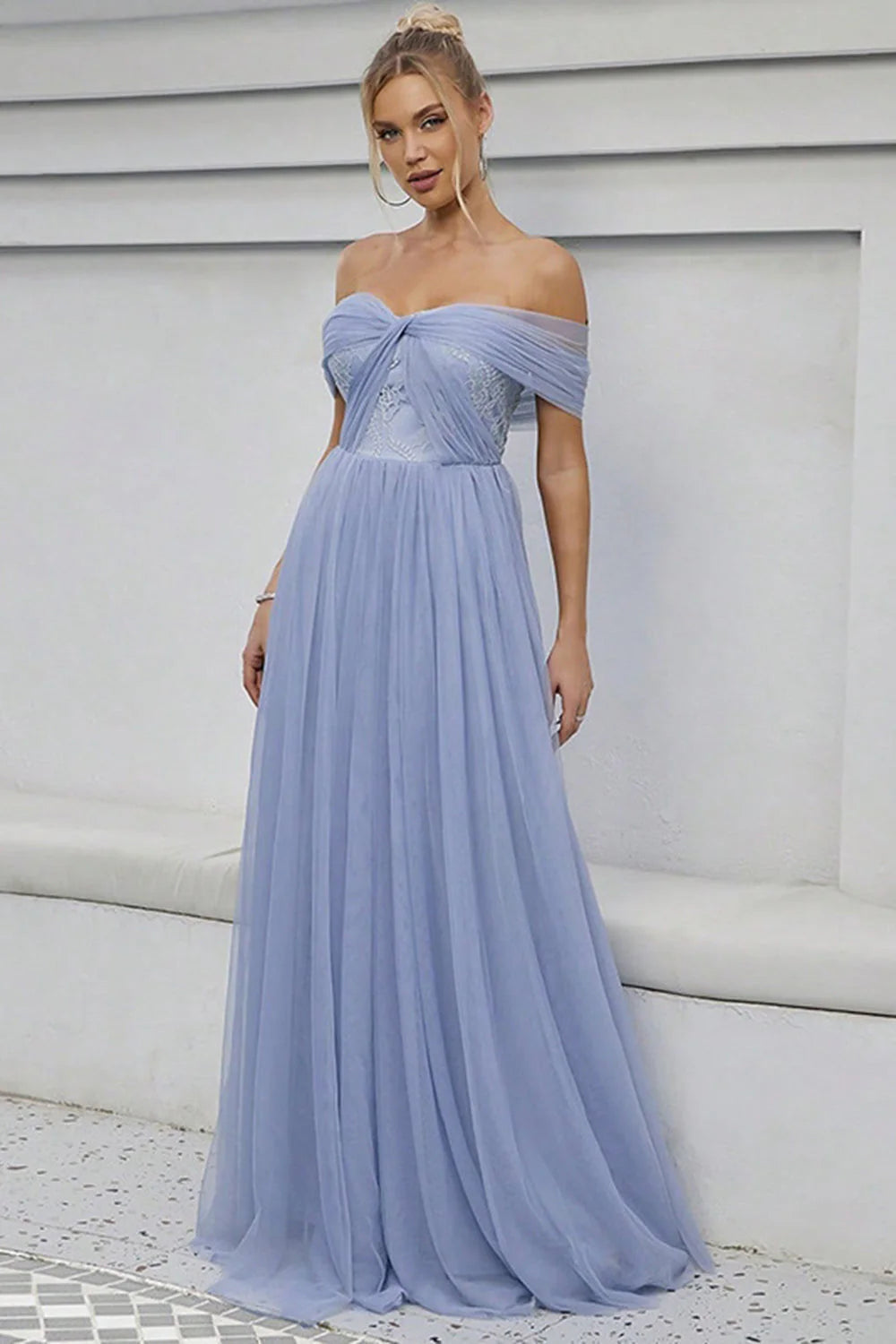 Blue Tulle Off the Shoulder A Line Full Of Charm Formal Dress