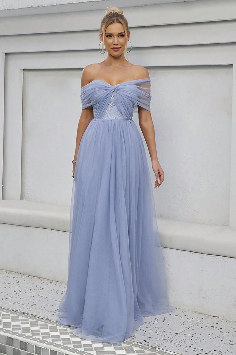 Blue Tulle Off the Shoulder A Line Full Of Charm Formal Dress