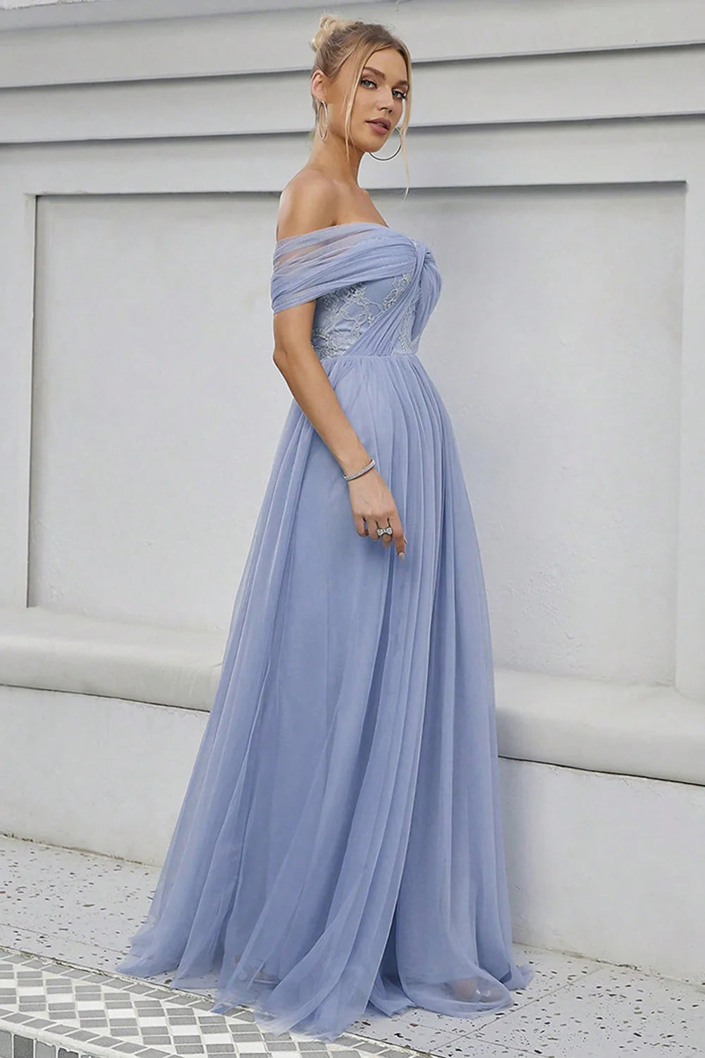 Blue Tulle Off the Shoulder A Line Full Of Charm Formal Dress