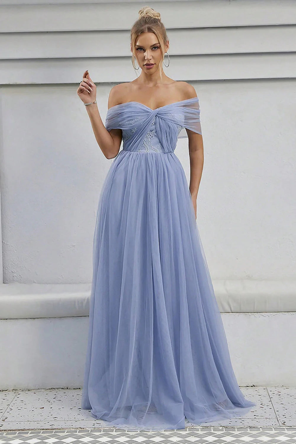 Blue Tulle Off the Shoulder A Line Full Of Charm Formal Dress