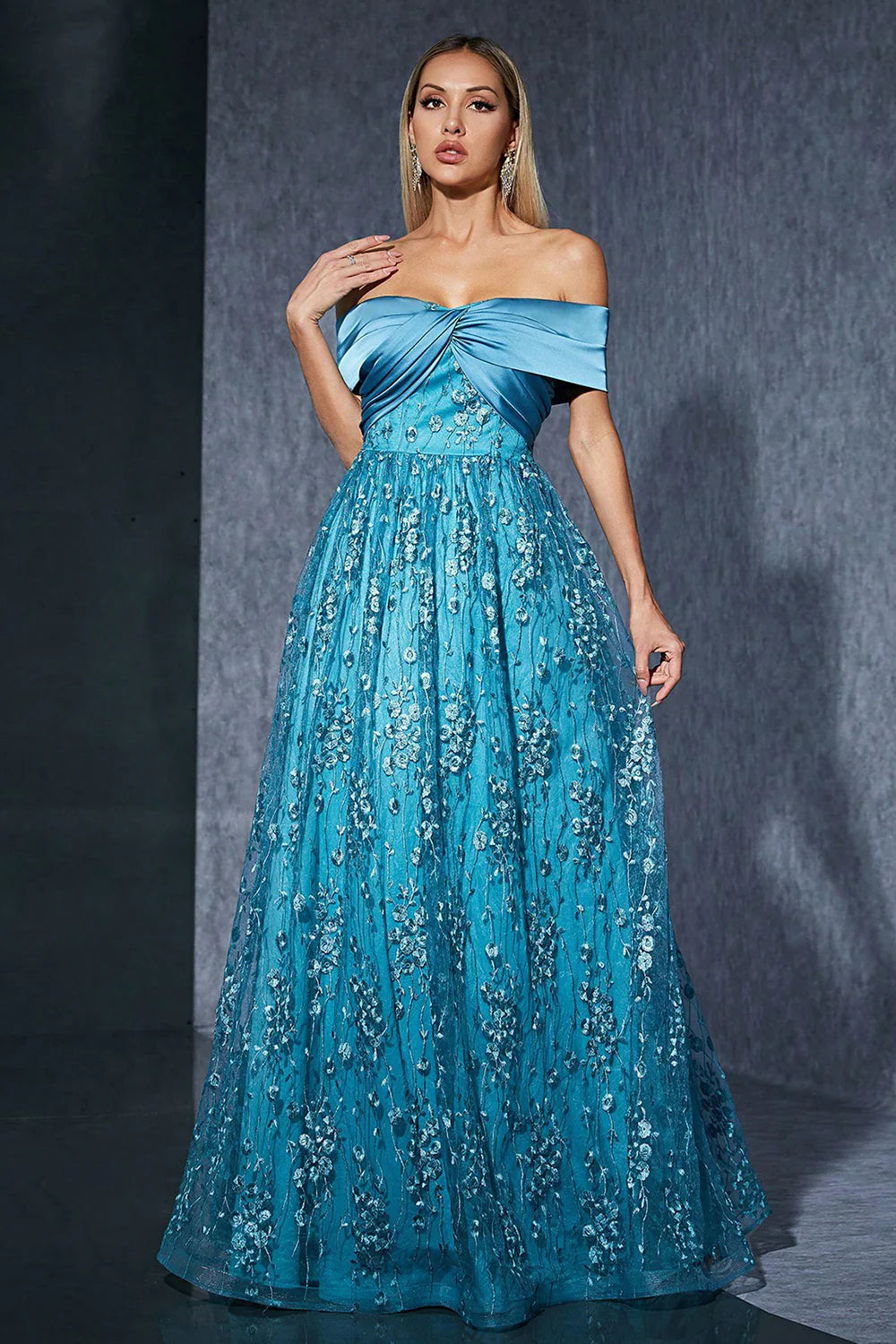 Blue Tulle Off the Shoulder Mother of the Bride Dress with Appliques