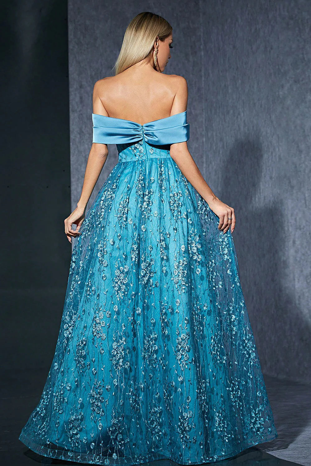 Blue Tulle Off the Shoulder Mother of the Bride Dress with Appliques