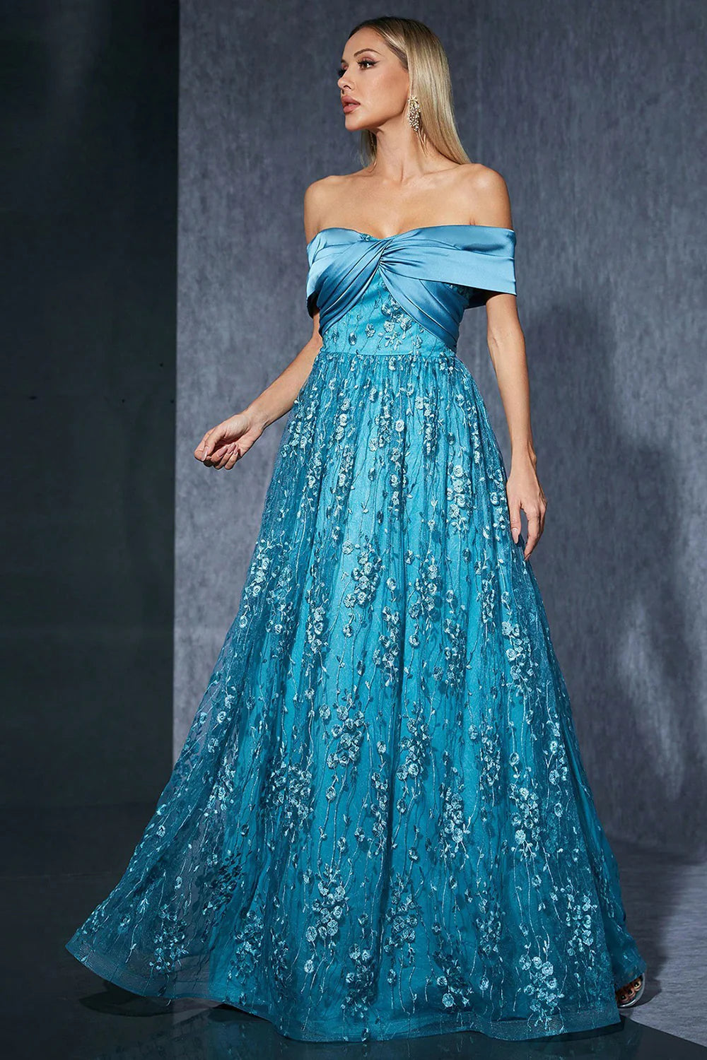 Blue Tulle Off the Shoulder Mother of the Bride Dress with Appliques