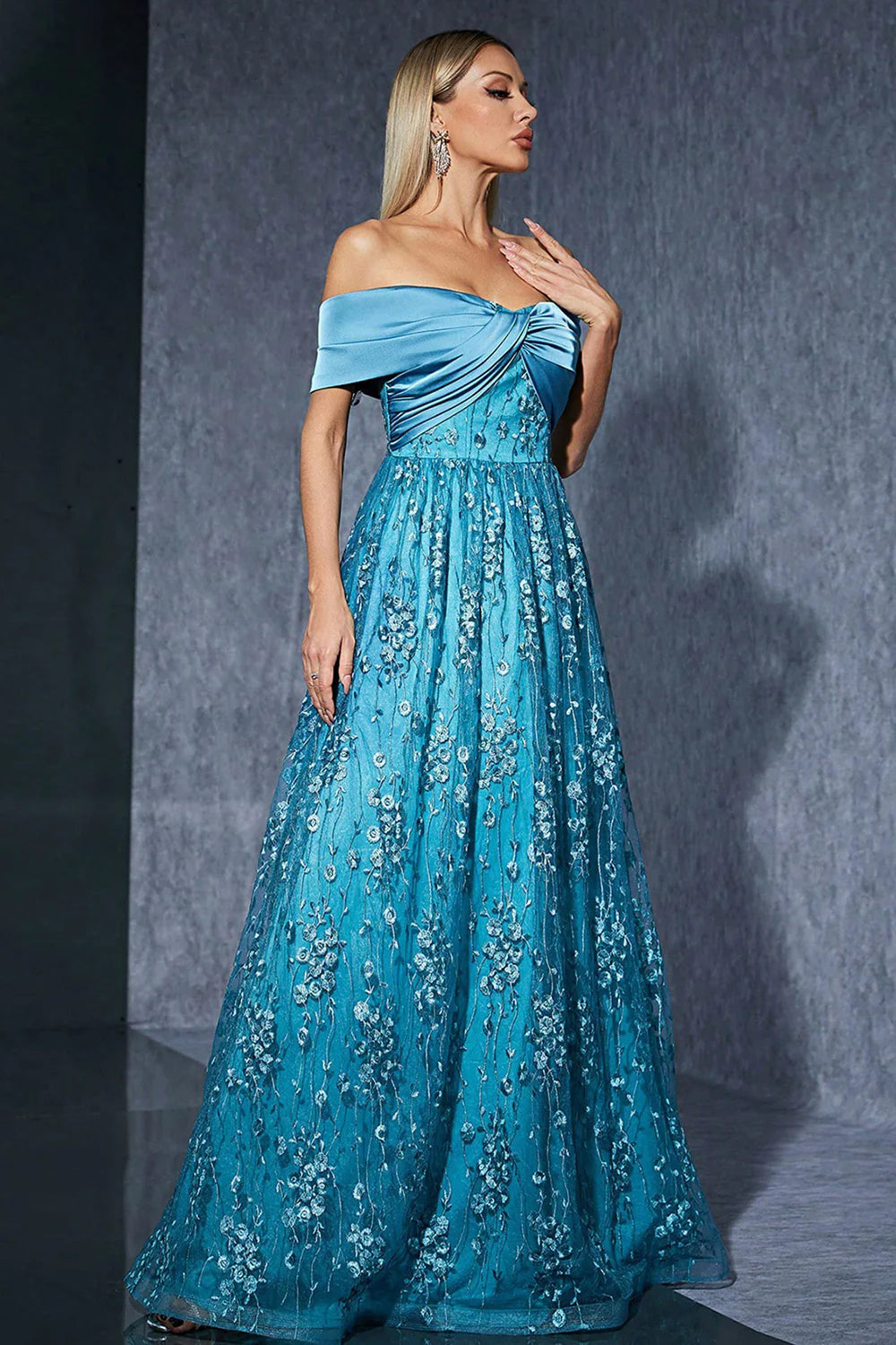 Blue Tulle Off the Shoulder Mother of the Bride Dress with Appliques