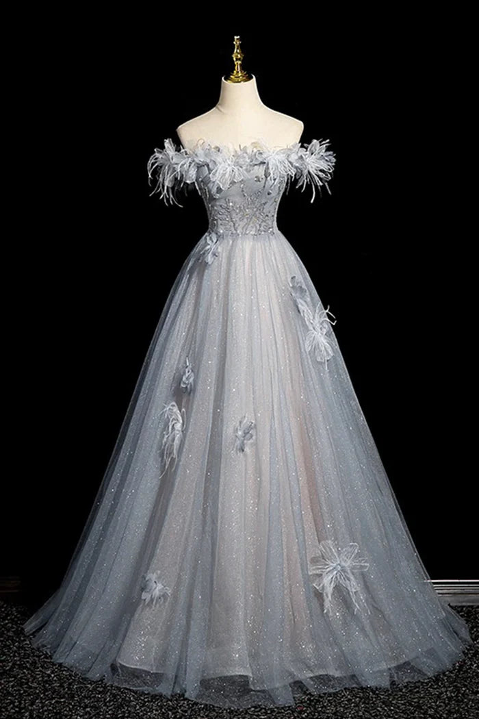 Blue Tulle Printed Pattern Long Prom Dress, Beautiful A-Line Party Dress with Cape