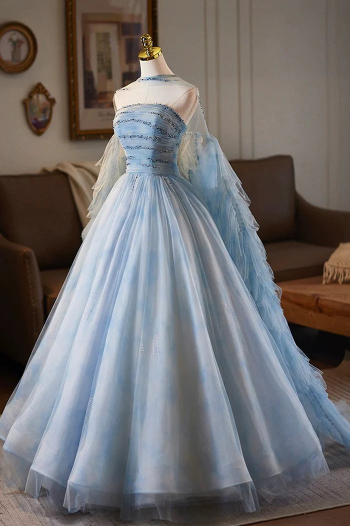 Blue Tulle Printed Pattern Long Prom Dress, Beautiful A-Line Party Dress with Cape